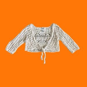 00's vintage cream crochet 3/4 sleeve y2k front tie cardigan shrug bolero MEDIUM